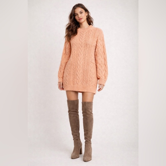 Free People Dresses & Skirts - Free People Peach Cable Knit Mini Sweater Dress NWT Oversized Size Small